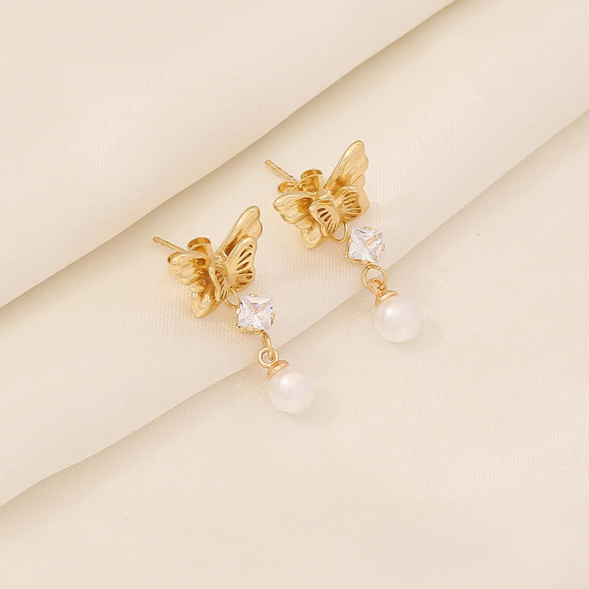 1 Pair Elegant Simple Style Solid Color Plating Inlay 304 Stainless Steel Pearl 18K Gold Plated Earrings