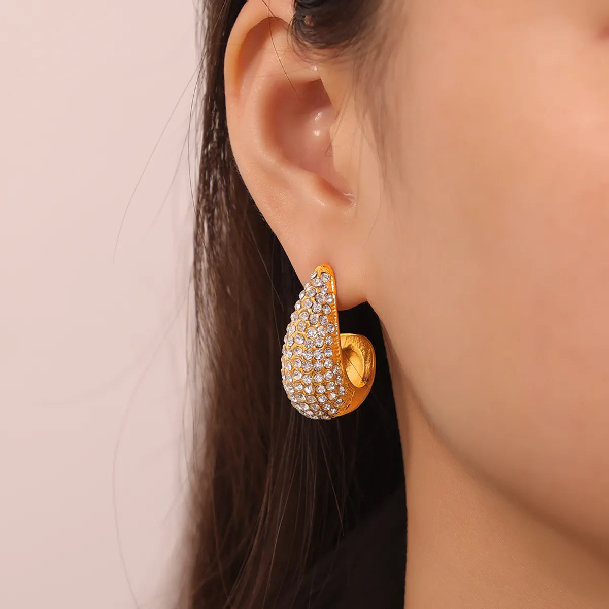 1 Pair Elegant Simple Style Solid Color Plating Inlay 304 Stainless Steel Rhinestones 18K Gold Plated Ear Studs