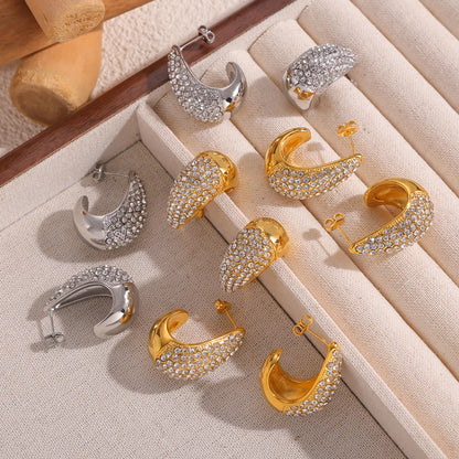 1 Pair Elegant Simple Style Solid Color Plating Inlay 304 Stainless Steel Rhinestones 18K Gold Plated Ear Studs