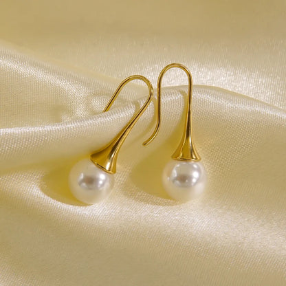 1 Pair Elegant Simple Style Solid Color Plating Inlay Stainless Steel Freshwater Pearl Titanium Steel Pearl 14k Gold Plated Drop Earrings