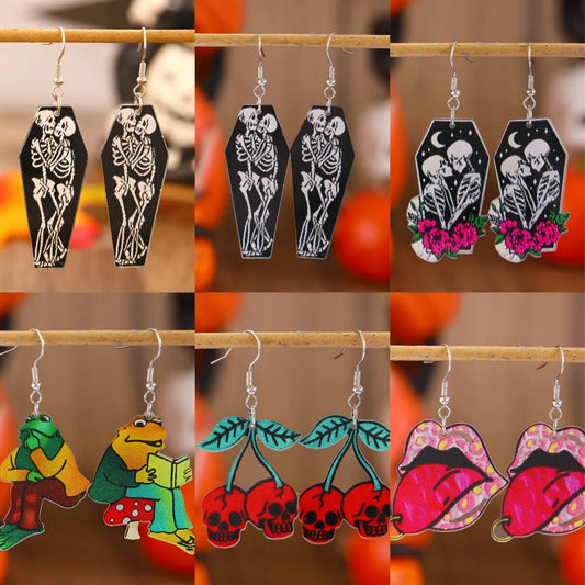 1 Pair Elegant Simple Style Streetwear Cartoon Character Floral Skull Stoving Varnish Arylic Drop Earrings