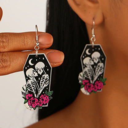 1 Pair Elegant Simple Style Streetwear Cartoon Character Floral Skull Stoving Varnish Arylic Drop Earrings