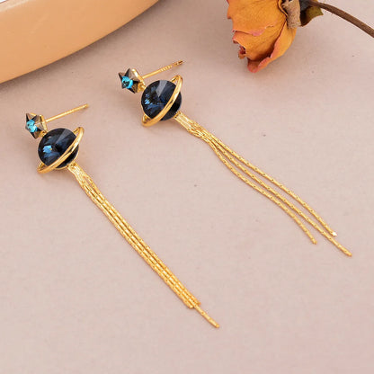 1 Pair Elegant Simple Style Tassel Planet Tassel Inlay Copper Rhinestones 18K Gold Plated Drop Earrings