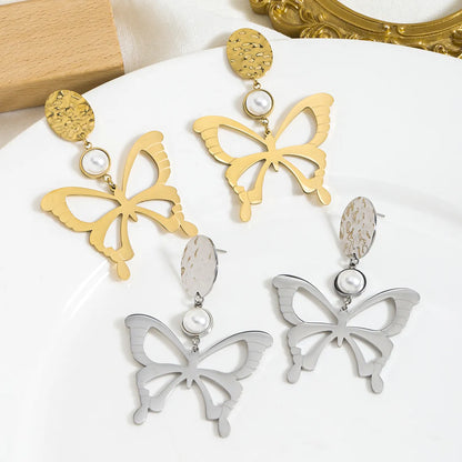 1 Pair Elegant Simple Style Tree Butterfly Polishing Plating Stainless Steel Silver Plated Drop Earrings