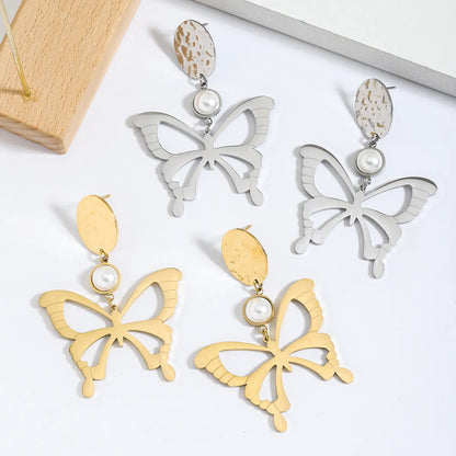 1 Pair Elegant Simple Style Tree Butterfly Polishing Plating Stainless Steel Silver Plated Drop Earrings