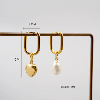 1 Pair Elegant Simple Style Water Droplets Heart Shape Plating Inlay Titanium Steel Freshwater Pearl Gold Plated Drop Earrings