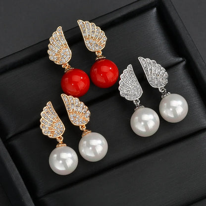 1 Pair Elegant Simple Style Wings Copper Alloy Pearl Zircon Drop Earrings