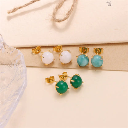 1 Pair Elegant Solid Color Inlay Stainless Steel Jade Ear Studs