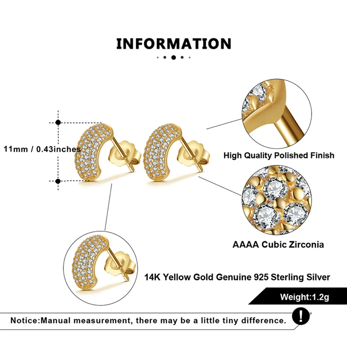 1 Pair Elegant Solid Color Plating Inlay Sterling Silver Zircon 14k Gold Plated Ear Studs