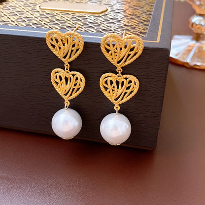 1 Pair Elegant Square Heart Shape Bow Knot Copper Plating Inlay Rhinestones Pearl Drop Earrings Ear Studs