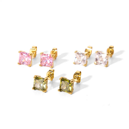 1 Pair Elegant Square Plating Three-dimensional Inlay Stainless Steel Zircon 18k Gold Plated Ear Studs