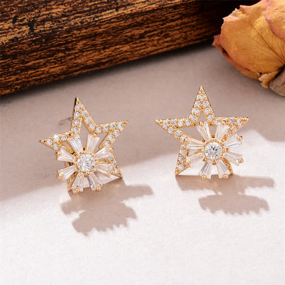 1 Pair Elegant Star Flower Plating Inlay Copper Zircon Gold Plated Ear Studs