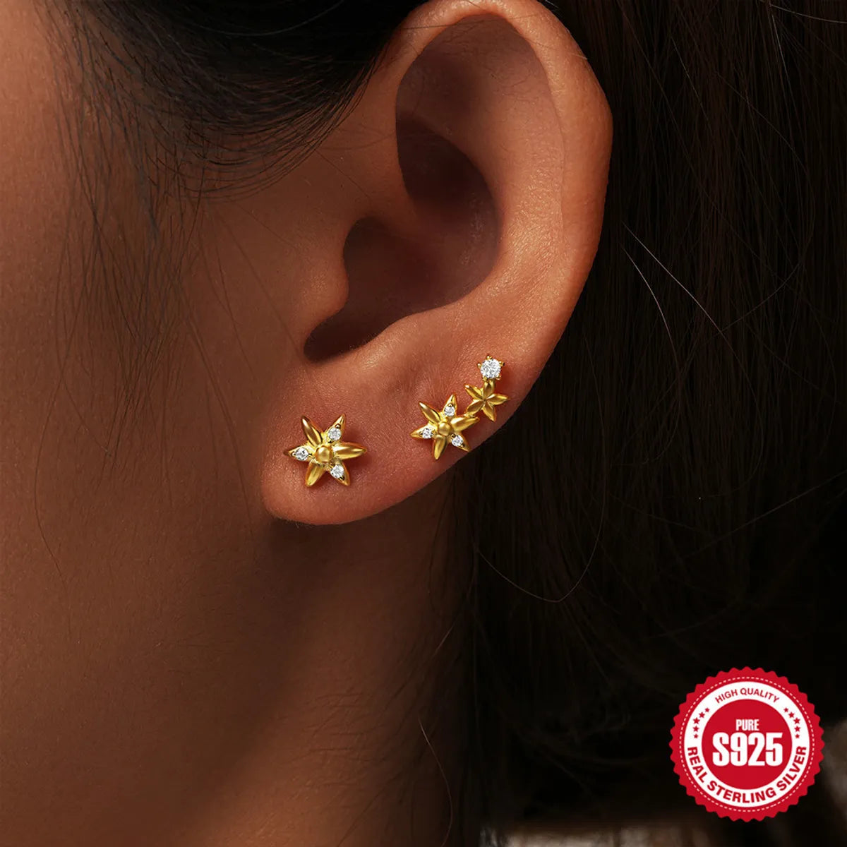 1 Pair Elegant Star Moon Plating Sterling Silver Ear Studs