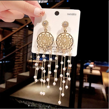 1 Pair Elegant Star Tassel Heart Shape Inlay Alloy Artificial Pearls Rhinestones Glass Earrings