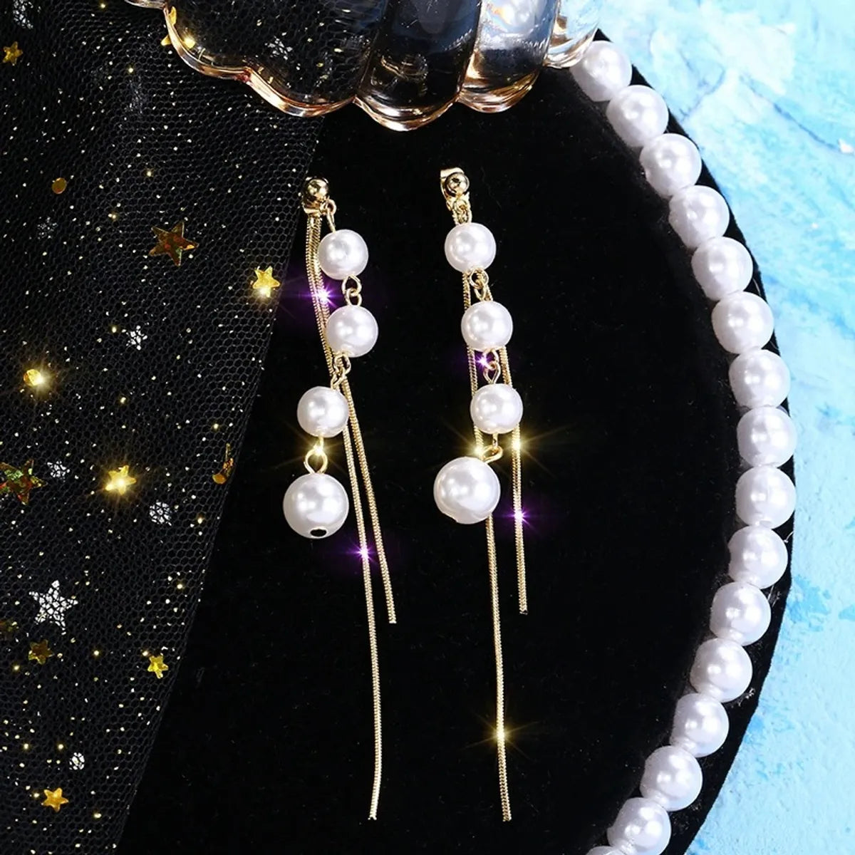 1 Pair Elegant Star Tassel Heart Shape Inlay Alloy Artificial Pearls Rhinestones Glass Earrings