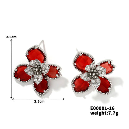 1 Pair Elegant Streetwear Flower Inlay Copper Resin Zircon K Gold Plated Ear Studs