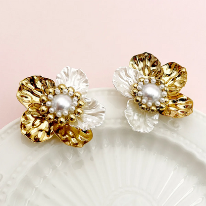 1 Pair Elegant Streetwear Flower Plating Inlay 304 Stainless Steel Artificial Pearls 14K Gold Plated Ear Studs