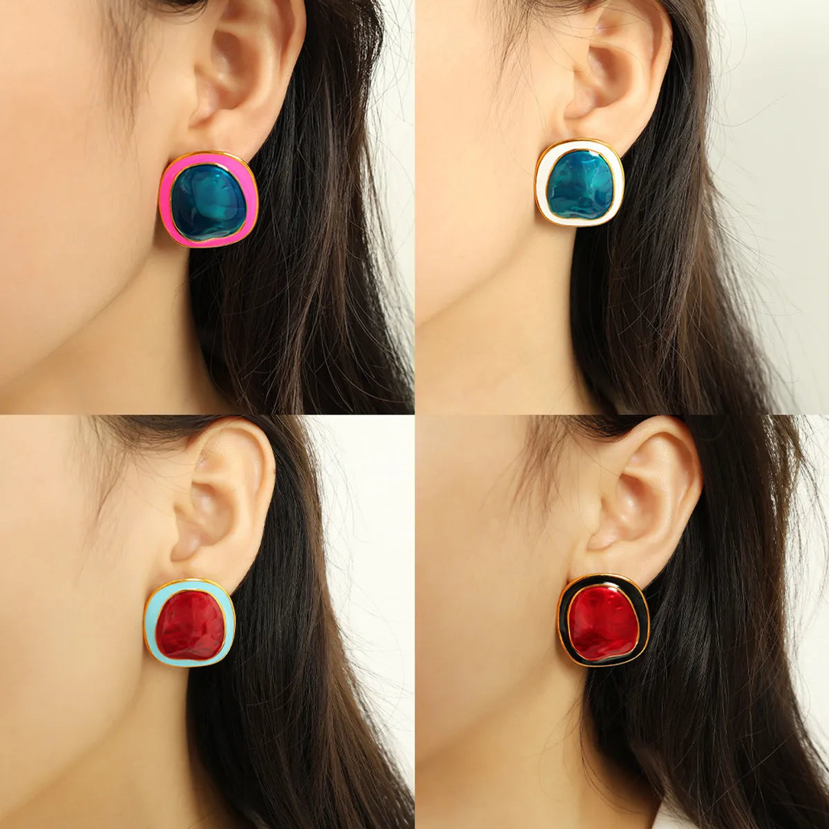 1 Pair Elegant Streetwear Geometric Color Block Enamel Plating Titanium Steel Ear Studs