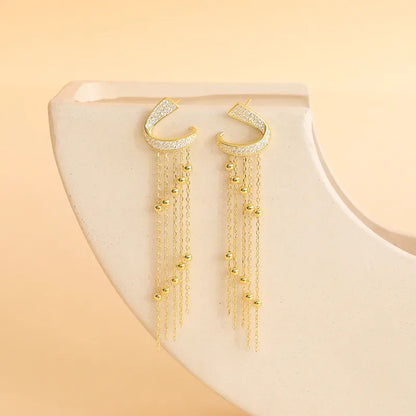 1 Pair Elegant Streetwear Tassel Lines Polishing Plating Inlay Sterling Silver Zircon White Gold Plated Drop Earrings