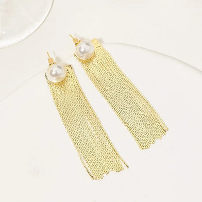 1 Pair Elegant Streetwear Tassel Polishing Plating Inlay Stainless Steel Copper Artificial Pearls Gold Plated Drop Earrings