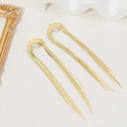 1 Pair Elegant Streetwear Tassel Polishing Plating Inlay Stainless Steel Copper Artificial Pearls Gold Plated Drop Earrings