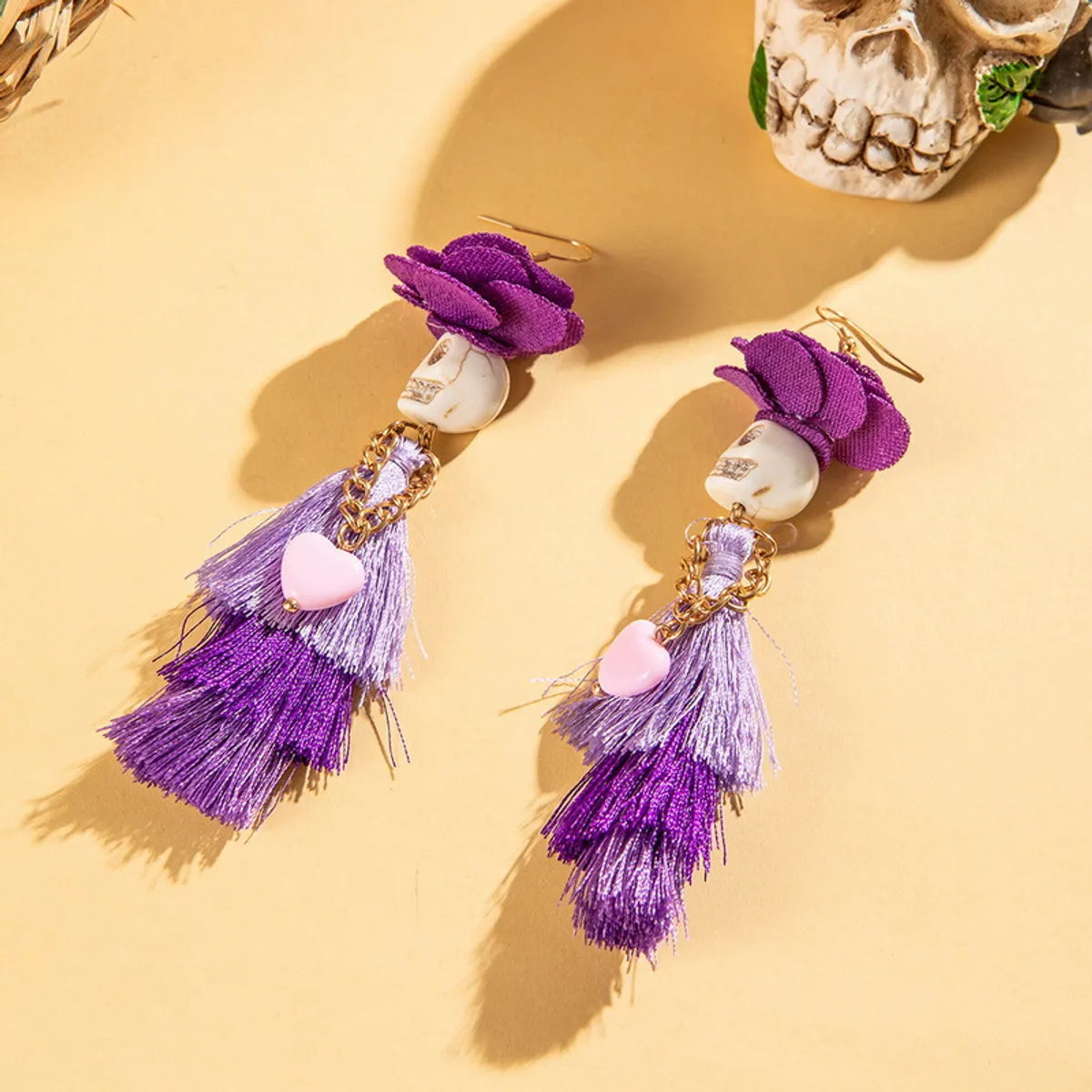 1 Pair Elegant Streetwear Tassel Skull Plating Alloy Resin Drop Earrings