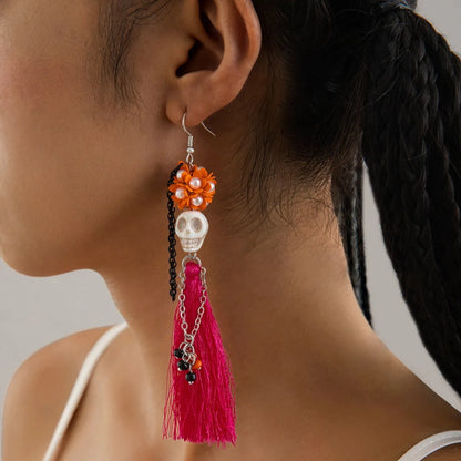 1 Pair Elegant Streetwear Tassel Skull Plating Alloy Resin Drop Earrings