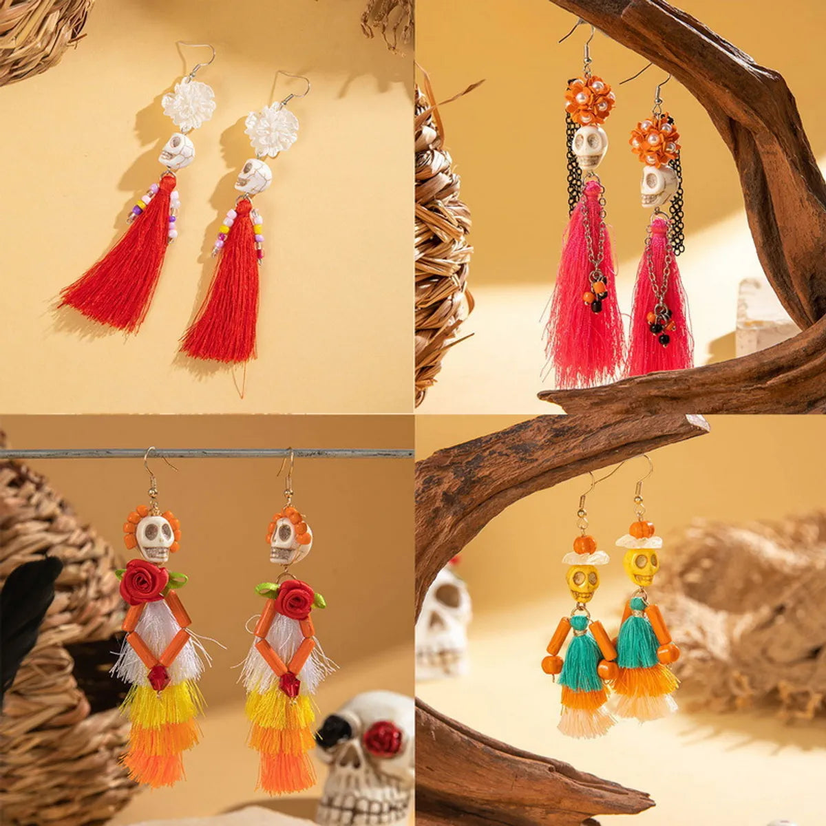 1 Pair Elegant Streetwear Tassel Skull Plating Alloy Resin Drop Earrings