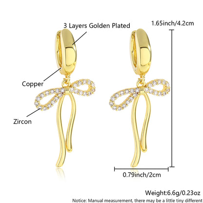 1 Pair Elegant Sweet Bow Knot Plating Inlay Copper Zircon 18K Gold Plated Gold Plated Drop Earrings