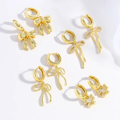 1 Pair Elegant Sweet Bow Knot Plating Inlay Copper Zircon 18K Gold Plated Gold Plated Drop Earrings