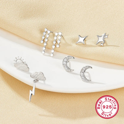 1 Pair Elegant Sweet Clouds Star Moon Sterling Silver White Gold Plated Ear Studs