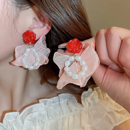 1 Pair Elegant Sweet Flower Alloy Cloth Resin Drop Earrings