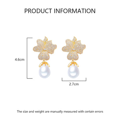 1 Pair Elegant Sweet Flower Petal Plating Inlay Copper Artificial Pearls Zircon White Gold Plated Drop Earrings