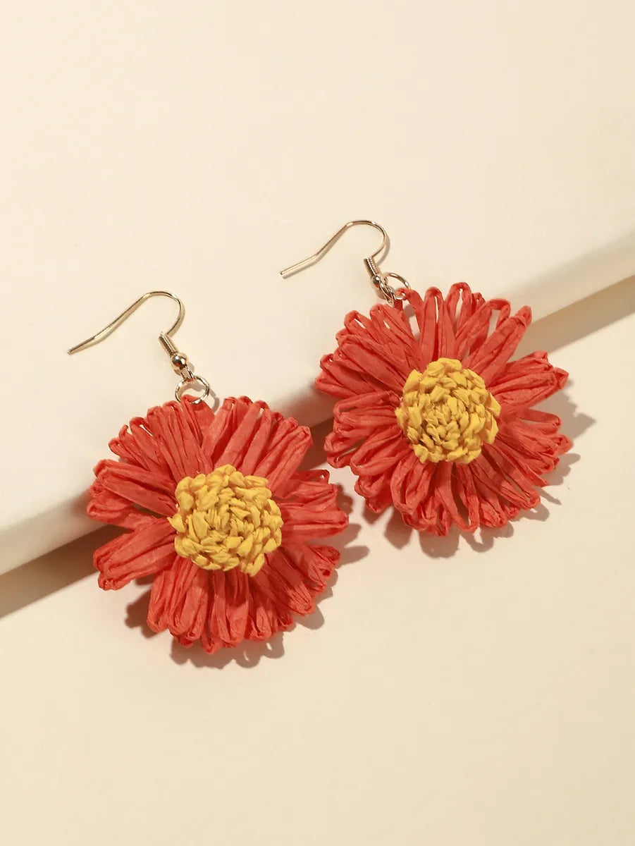 1 Pair Elegant Sweet Flower Raffia Drop Earrings