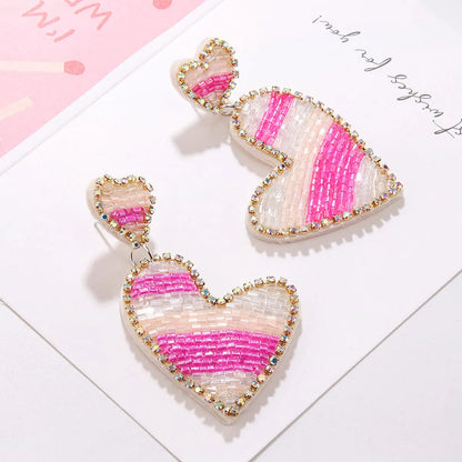 1 Pair Elegant Sweet Heart Shape Beaded Beaded Cloth Drop Earrings