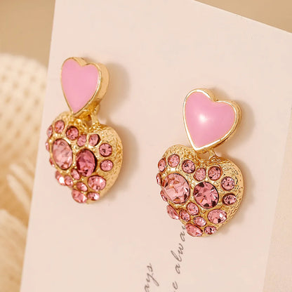 1 Pair Elegant Sweet Heart Shape Inlay Alloy Artificial Rhinestones Drop Earrings