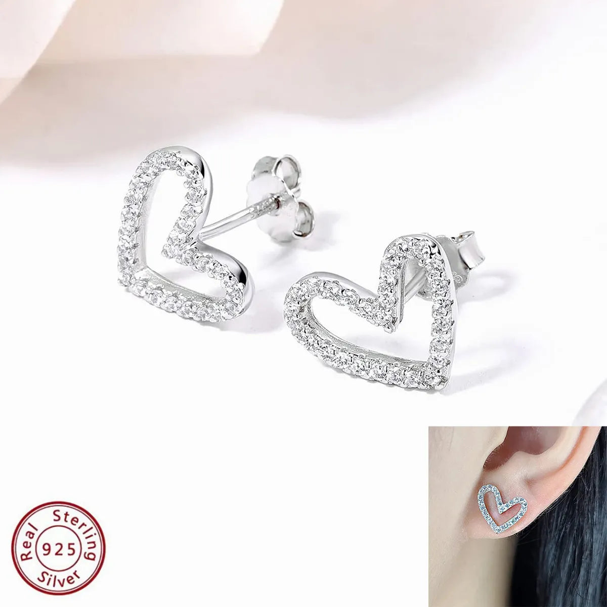 1 Pair Elegant Sweet Heart Shape Inlay Sterling Silver Zircon White Gold Plated Ear Studs