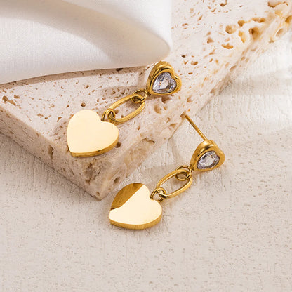 1 Pair Elegant Sweet Heart Shape Plating Stainless Steel Zircon 18k Gold Plated Drop Earrings