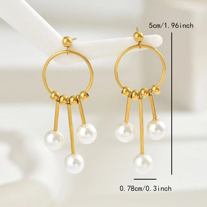 1 Pair Elegant Sweet Irregular Geometric Round Inlay 201 Stainless Steel Artificial Pearls 18K Gold Plated Drop Earrings