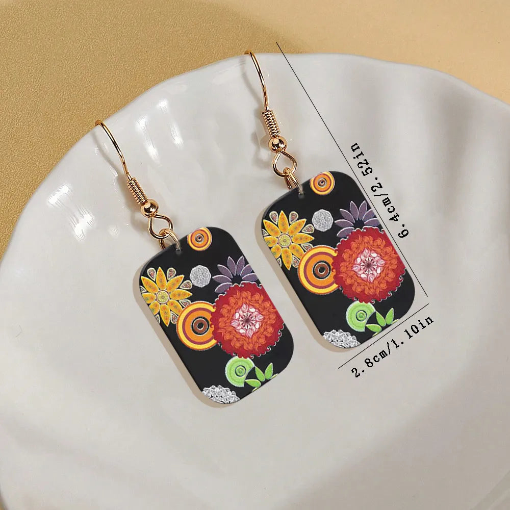 1 Pair Elegant Sweet Pastoral Printing Geometric Flower Arylic Drop Earrings