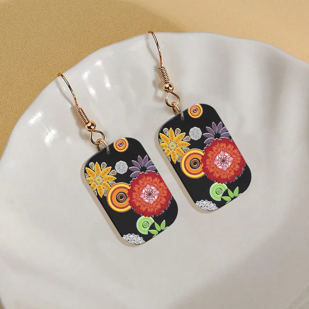 1 Pair Elegant Sweet Pastoral Printing Geometric Flower Arylic Drop Earrings