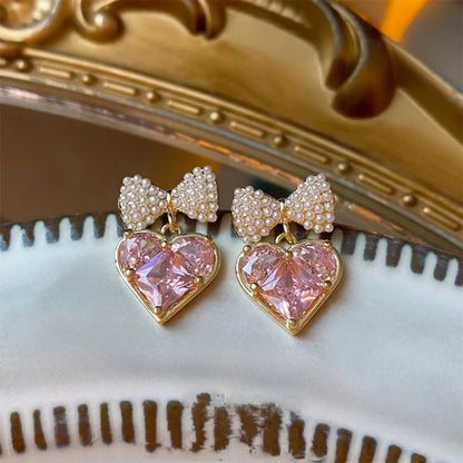 1 Pair Elegant Sweet Shiny Heart Shape Bow Knot Inlay Copper Pearl Zircon 18K Gold Plated Drop Earrings Ear Cuffs