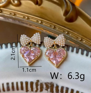 1 Pair Elegant Sweet Shiny Heart Shape Bow Knot Inlay Copper Pearl Zircon 18K Gold Plated Drop Earrings Ear Cuffs