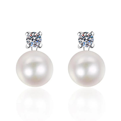 1 Pair Elegant Sweet Shiny Solid Color Plating Inlay Freshwater Pearl Sterling Silver Zircon White Gold Plated Ear Studs