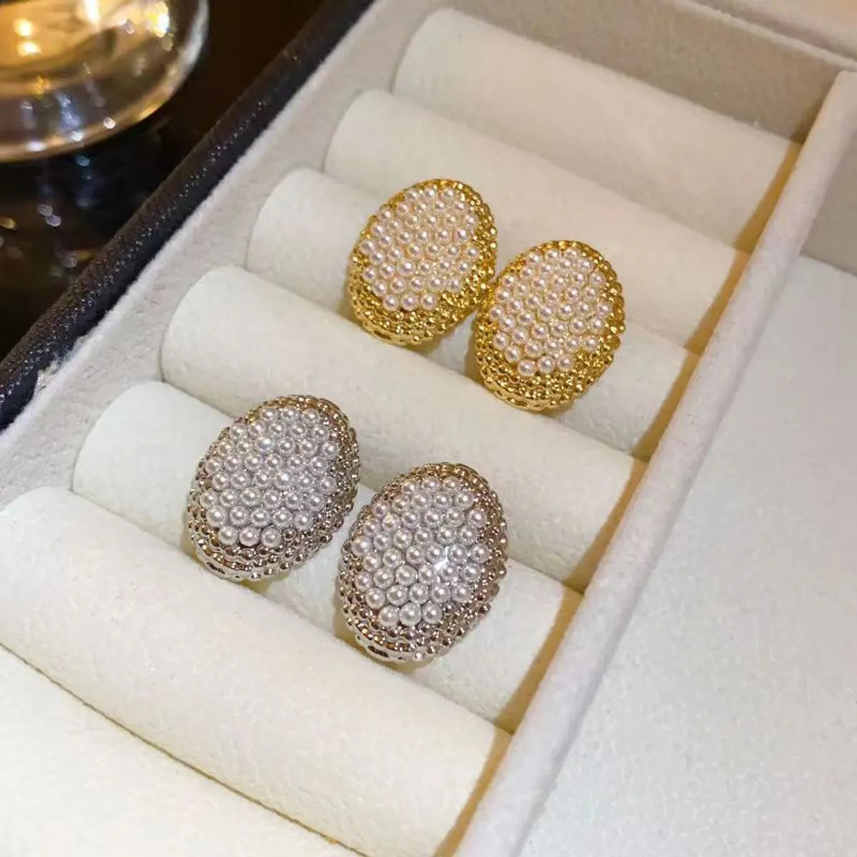 1 Pair Elegant Sweet Simple Style Round Oval Imitation Pearl Alloy Rhinestone Gold Plated Ear Studs