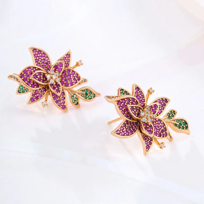 1 Pair Elegant Xuping Sweet Square Flower Plating Inlay Copper Alloy Artificial Gemstones 18k Gold Plated Ear Studs