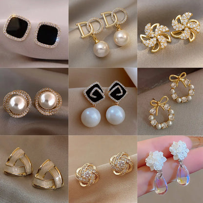 1 Pair Elegant Sweet Square Heart Shape Bow Knot Inlay Imitation Pearl Alloy Rhinestones Earrings