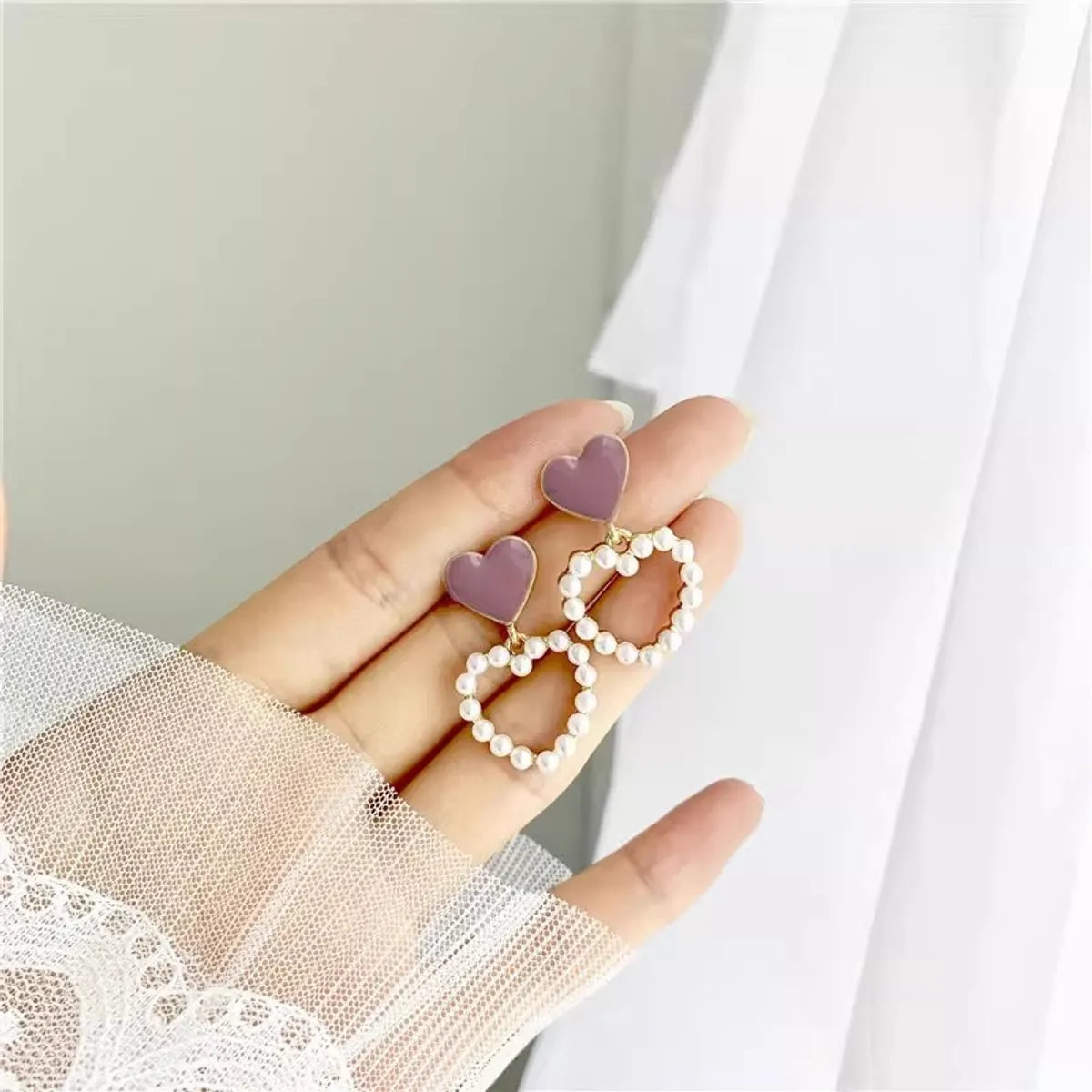 1 Pair Elegant Sweet Square Heart Shape Bow Knot Inlay Imitation Pearl Alloy Rhinestones Earrings