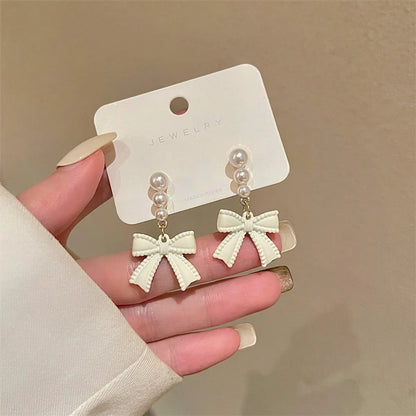 1 Pair Elegant Sweet Square Heart Shape Bow Knot Inlay Imitation Pearl Alloy Rhinestones Earrings