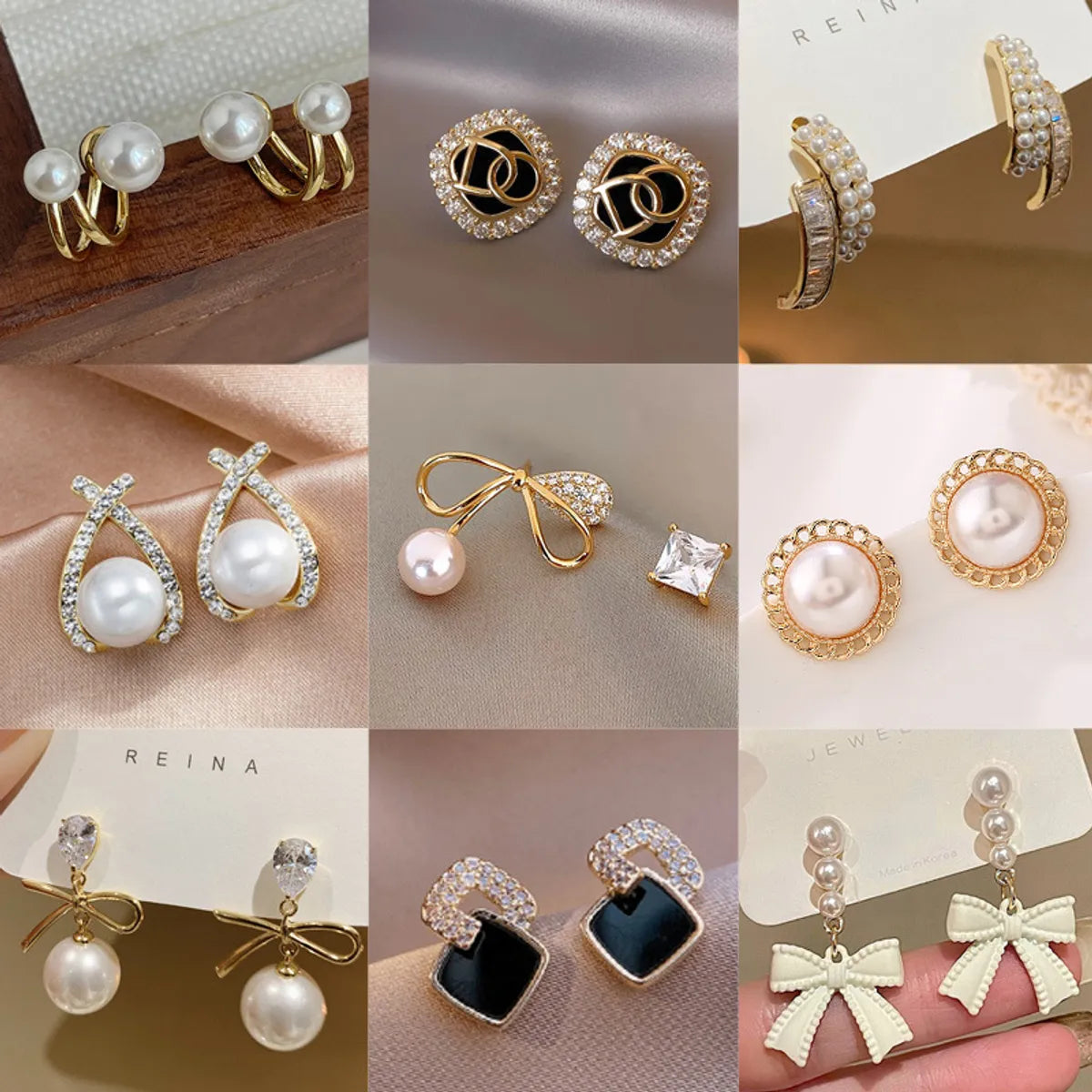 1 Pair Elegant Sweet Square Heart Shape Bow Knot Inlay Imitation Pearl Alloy Rhinestones Earrings